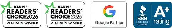Whetham Solutions Barrie is a two-time Barrie Reader's Choice Platinum Winner (2026 and 2025), a Google Partner, and a BBB Accredited A+ Rated Business