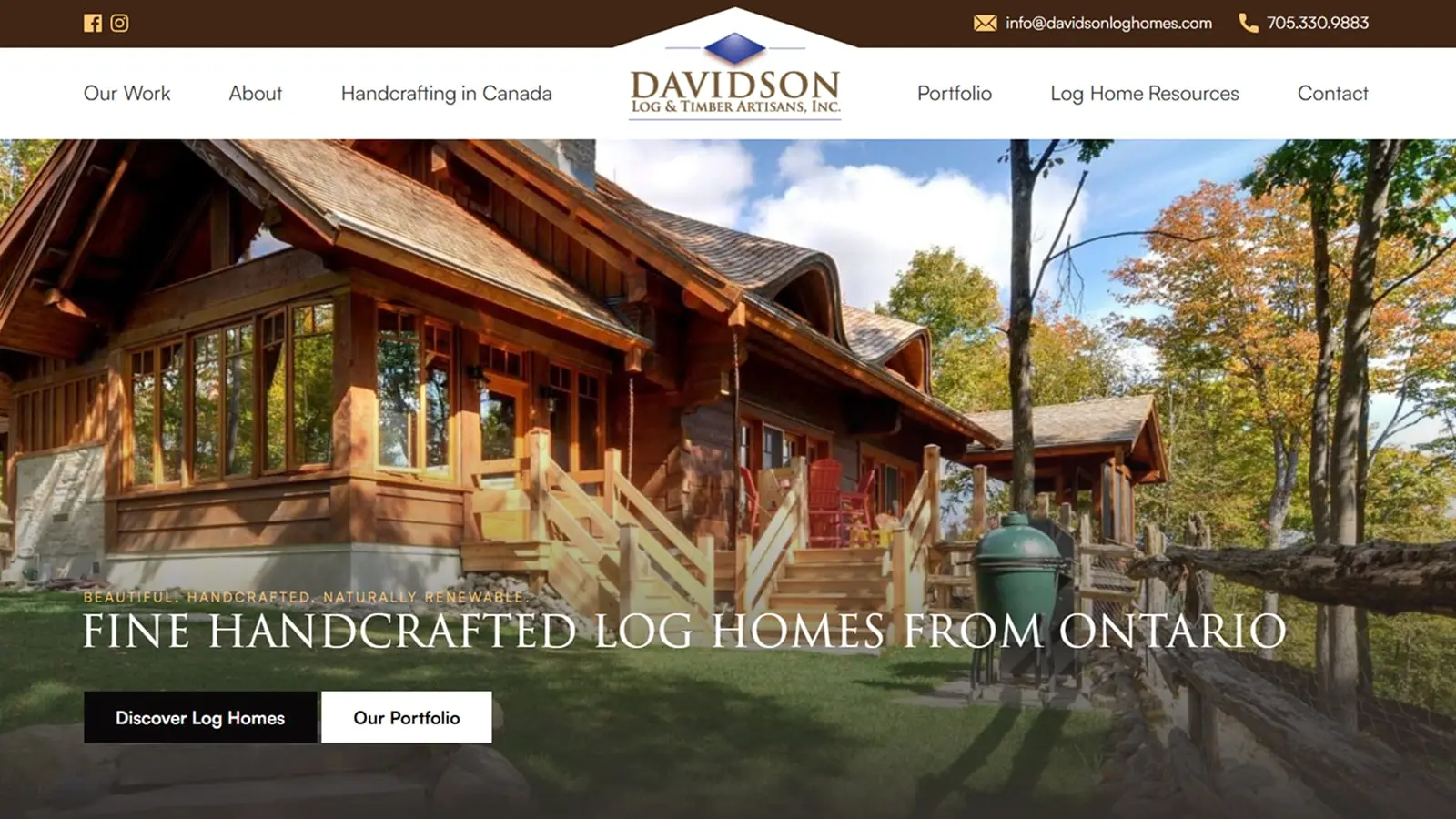 Davidson Log Homes website, a custom log home builder near Washago, designed by Whetham Solutions